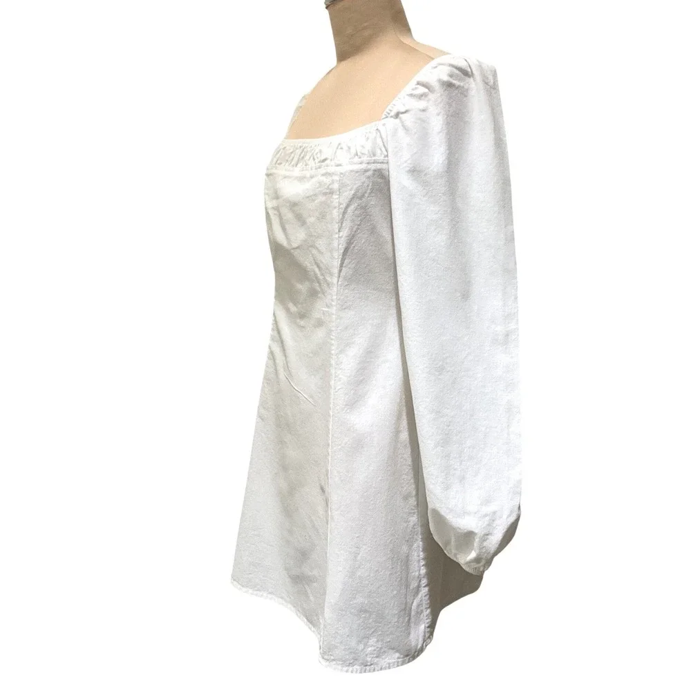 Free People White Cotton Linen Puff Sleeve Mini Dress Smocked Back Cottagecore M